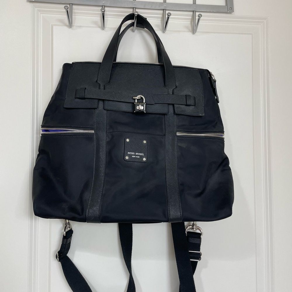 Henri Bendel Black Jetsetter Nylon Convertible Tote Bag Silver Hardware Handbag